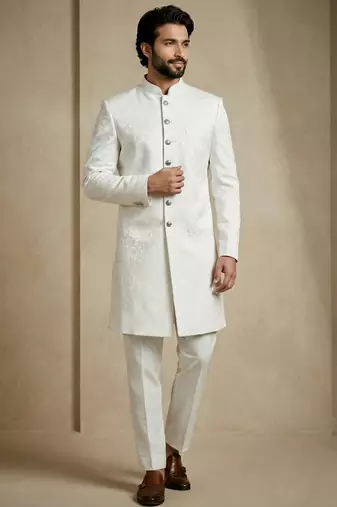White donier jacquard premium designer festive wear indo western set