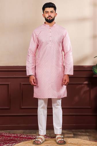 Pink color art silk fabric stylish fancy partywear kurta payjama for men's