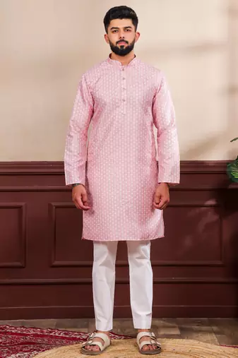 Pink color art silk fabric stylish fancy partywear kurta payjama for men's
