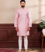 Pink color art silk fabric stylish fancy partywear kurta payjama for men's
