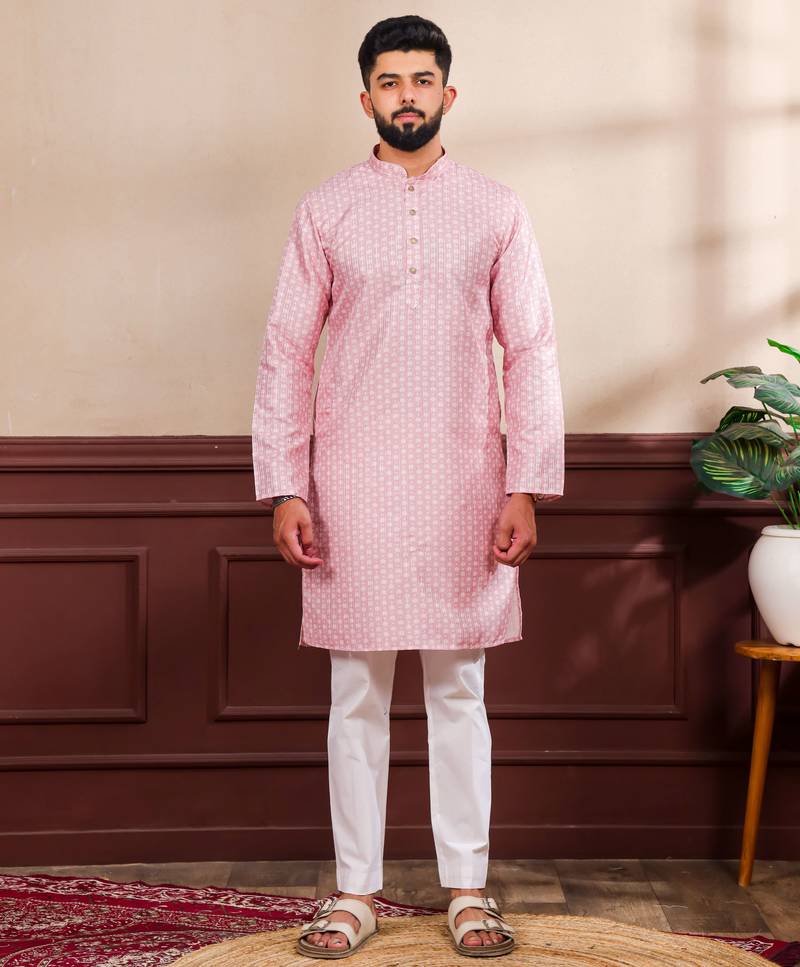 Pink color art silk fabric stylish fancy partywear kurta payjama for men's