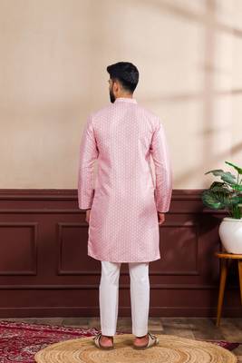 Pink color art silk fabric stylish fancy partywear kurta payjama for men's 2