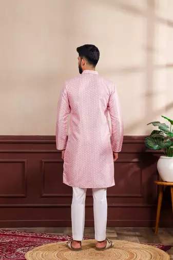 Pink color art silk fabric stylish fancy partywear kurta payjama for men's