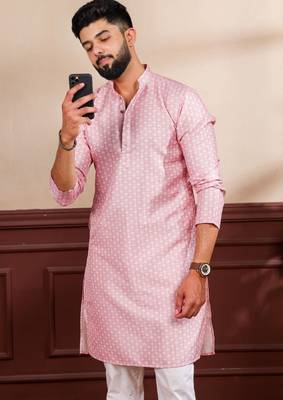 Pink color art silk fabric stylish fancy partywear kurta payjama for men's 3