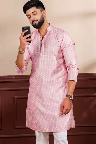 Pink color art silk fabric stylish fancy partywear kurta payjama for men's