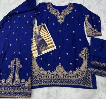 D blue chinon free size stitched suit with embroidery beats  4