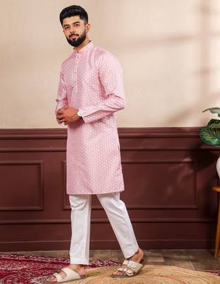 Pink color art silk fabric stylish fancy partywear kurta payjama for men's 4