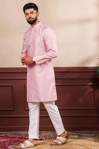 Pink color art silk fabric stylish fancy partywear kurta payjama for men's