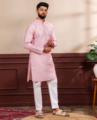Pink color art silk fabric stylish fancy partywear kurta payjama for men's 5