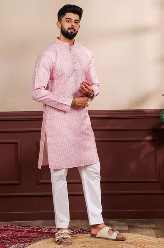 Pink color art silk fabric stylish fancy partywear kurta payjama for men's