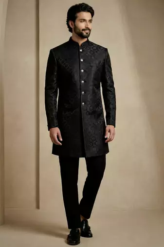Black donier jacquard premium designer festive wear indo western set