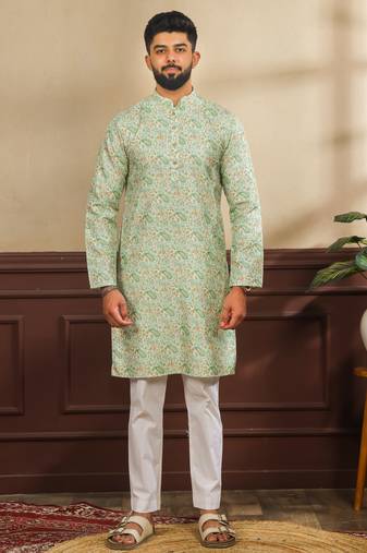 Light green color art silk fabric stylish fancy partywear kurta payjama for men's