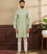 Light green color art silk fabric stylish fancy partywear kurta payjama for men's
