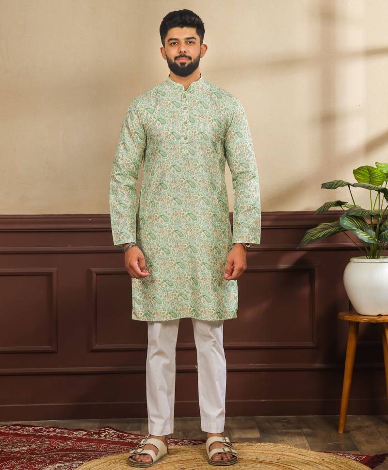Light green color art silk fabric stylish fancy partywear kurta payjama for men's