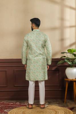 Light green color art silk fabric stylish fancy partywear kurta payjama for men's 2