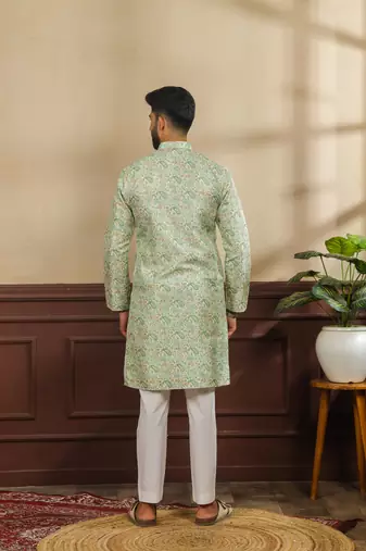 Light green color art silk fabric stylish fancy partywear kurta payjama for men's