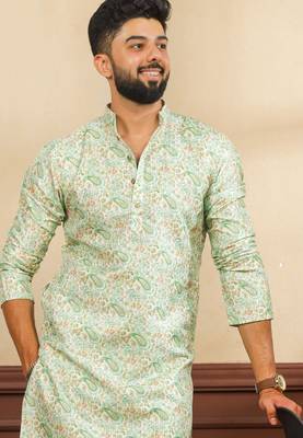 Light green color art silk fabric stylish fancy partywear kurta payjama for men's 3