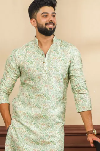 Light green color art silk fabric stylish fancy partywear kurta payjama for men's