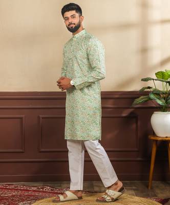 Light green color art silk fabric stylish fancy partywear kurta payjama for men's 4