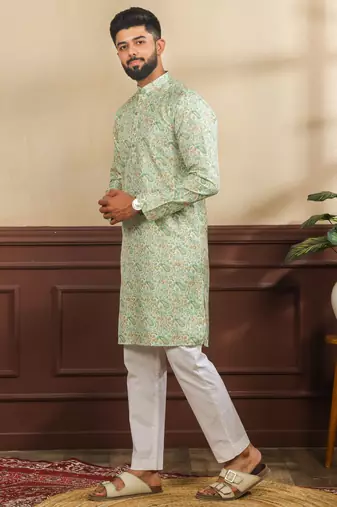 Light green color art silk fabric stylish fancy partywear kurta payjama for men's
