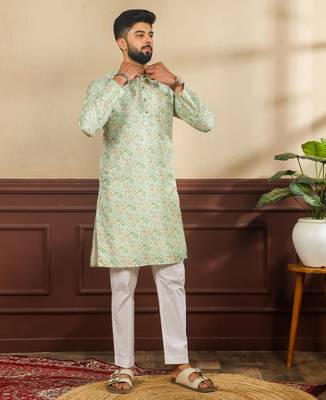 Light green color art silk fabric stylish fancy partywear kurta payjama for men's 5