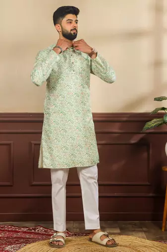 Light green color art silk fabric stylish fancy partywear kurta payjama for men's
