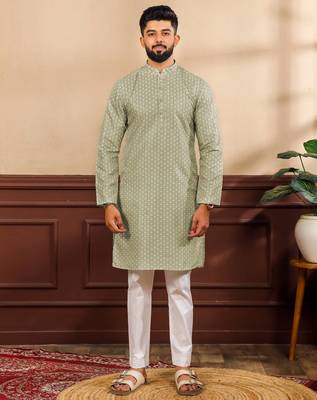 Pista color art silk fabric stylish fancy partywear kurta payjama for men's 1