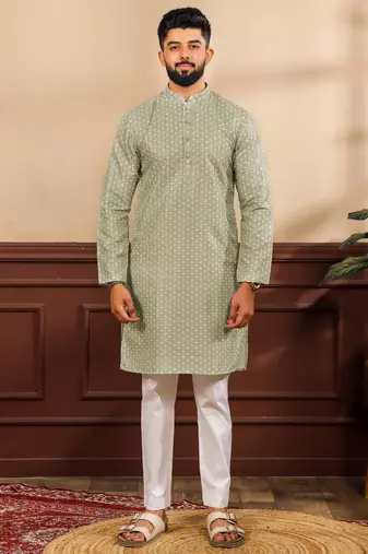 Pista color art silk fabric stylish fancy partywear kurta payjama for men's