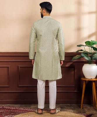 Pista color art silk fabric stylish fancy partywear kurta payjama for men's 2