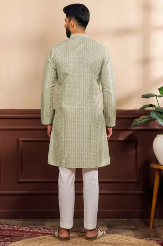 Pista color art silk fabric stylish fancy partywear kurta payjama for men's