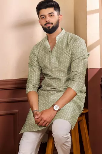 Pista color art silk fabric stylish fancy partywear kurta payjama for men's