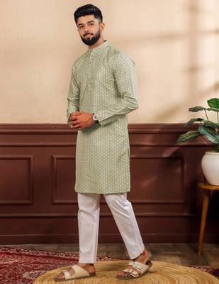 Pista color art silk fabric stylish fancy partywear kurta payjama for men's 4