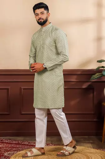 Pista color art silk fabric stylish fancy partywear kurta payjama for men's