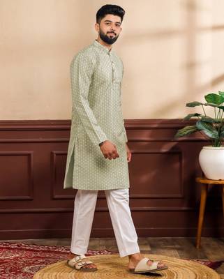Pista color art silk fabric stylish fancy partywear kurta payjama for men's 5