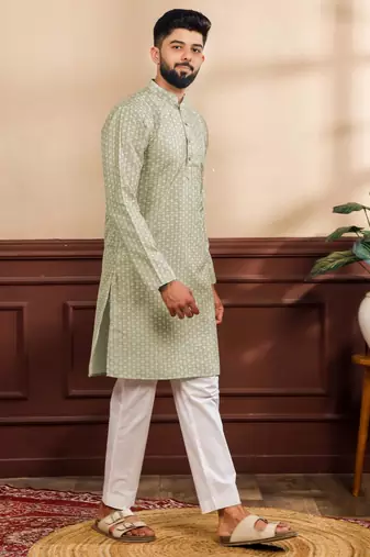 Pista color art silk fabric stylish fancy partywear kurta payjama for men's