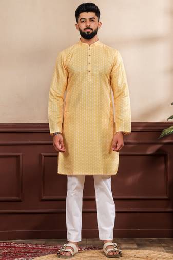 Yellow color art silk fabric stylish fancy partywear kurta payjama for men's