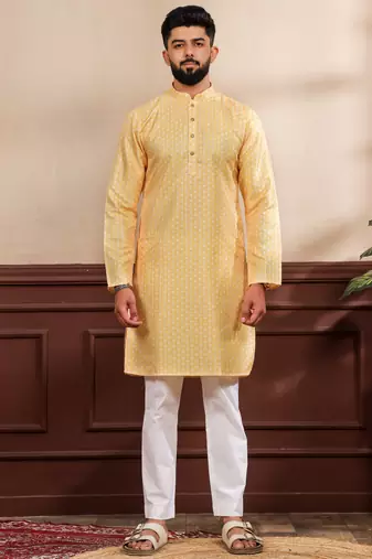 Yellow color art silk fabric stylish fancy partywear kurta payjama for men's