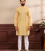 Yellow color art silk fabric stylish fancy partywear kurta payjama for men's
