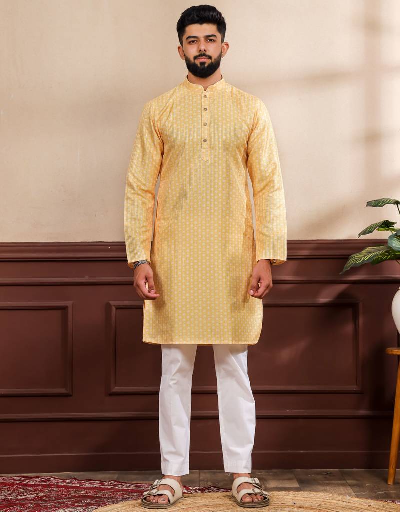 Yellow color art silk fabric stylish fancy partywear kurta payjama for men's