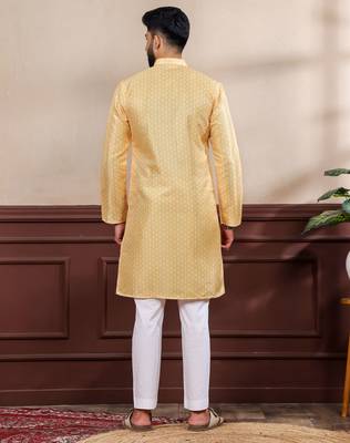 Yellow color art silk fabric stylish fancy partywear kurta payjama for men's 2