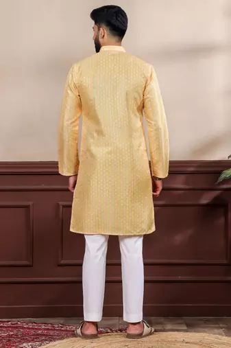 Yellow color art silk fabric stylish fancy partywear kurta payjama for men's