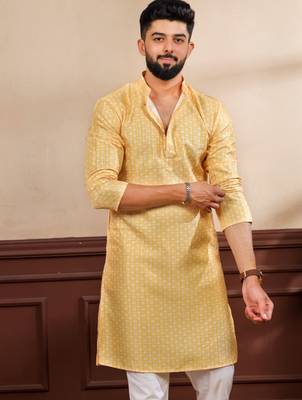 Yellow color art silk fabric stylish fancy partywear kurta payjama for men's 3