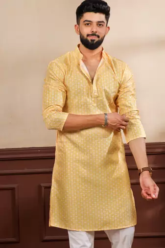 Yellow color art silk fabric stylish fancy partywear kurta payjama for men's