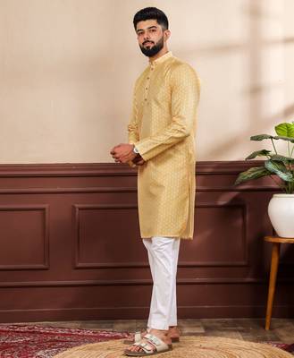 Yellow color art silk fabric stylish fancy partywear kurta payjama for men's 4