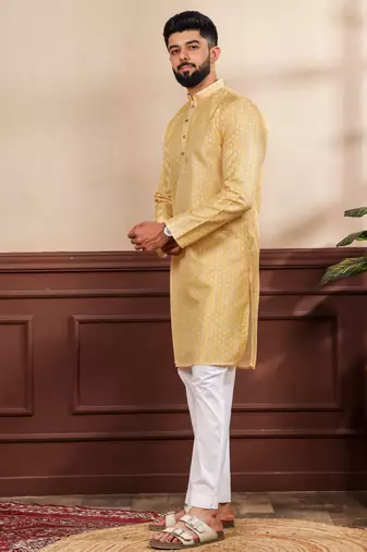 Yellow color art silk fabric stylish fancy partywear kurta payjama for men's