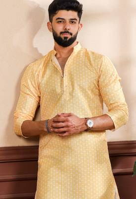 Yellow color art silk fabric stylish fancy partywear kurta payjama for men's 5