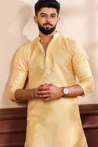 Yellow color art silk fabric stylish fancy partywear kurta payjama for men's