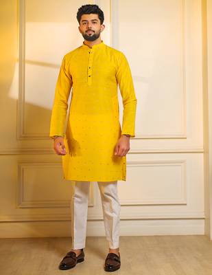 Yellow color stylish woven butti textured premium kurta payjama for men's 1