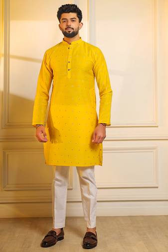 Yellow color stylish woven butti textured premium kurta payjama for men's