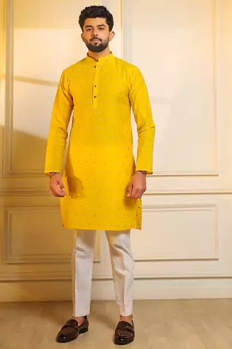Yellow color stylish woven butti textured premium kurta payjama for men's